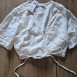 Abercrombie & Fitch White Linen-Blend Wrap Tie Front Top - Size XS, NWT